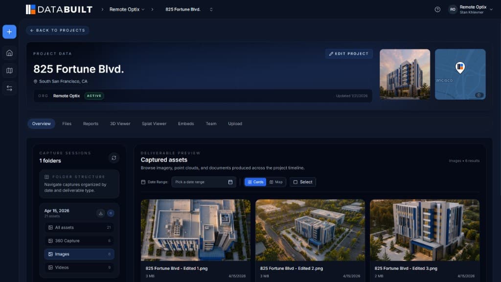 DataBuilt project workspace for 825 Fortune Blvd showing project data, capture sessions, and captured image deliverables with file sizes and capture dates